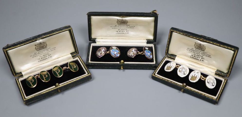 Three assorted cased pairs of 1950s 9ct gold and enamel cufflinks relating to HRH Prince Philip, see images for detail,